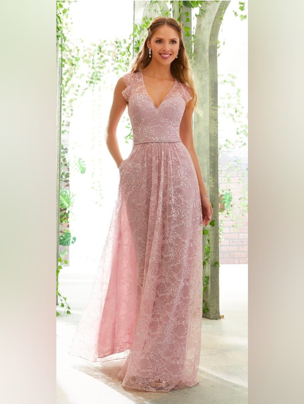 Morilee NWT Desert Rose Pink Chantilly Lace Sleeveless Maxi Gown Dress Size 12